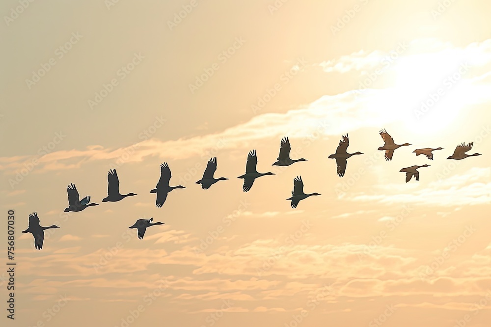 Flock Of Migratory Birds In V-Formation