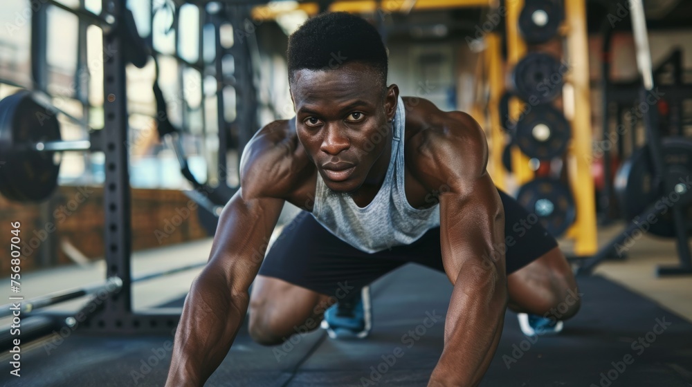 Focused gym-goer exhibiting power and concentration during a pushup posture in gym Focused gym-goer exhibiting power and concentration during a pushup posture in gym