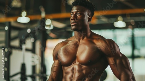 Despite the blurred face, the image captures the impressive muscular definition of a dedicated bodybuilder posing