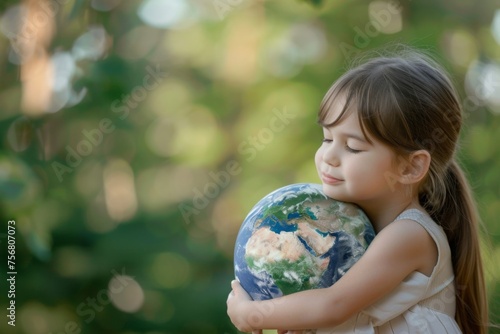 A young child girl hugging a planet earth model. World Children's Day or International Day of the Girl Child concept banner