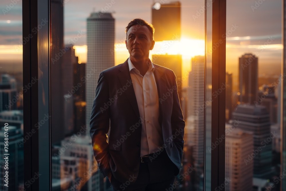 Businessman contemplating at sunset in city office Businessman contemplating at sunset in city office
