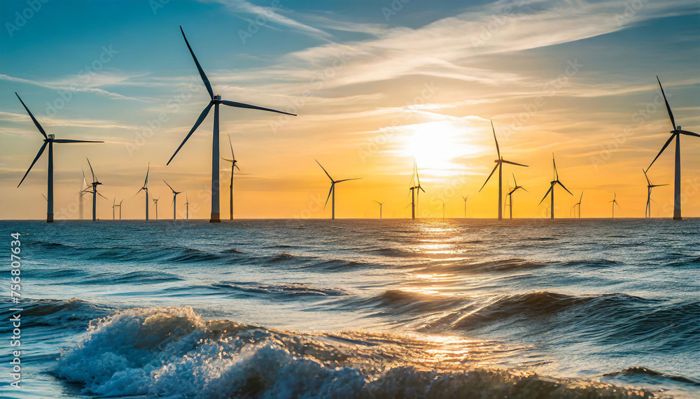 An offshore wind farm with turbines in the ocean, Gentle waves at the ...