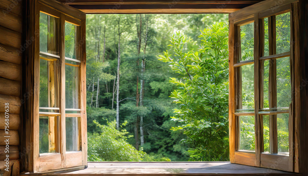 Fototapeta premium An open window frames a lush green forest, inviting the outside in