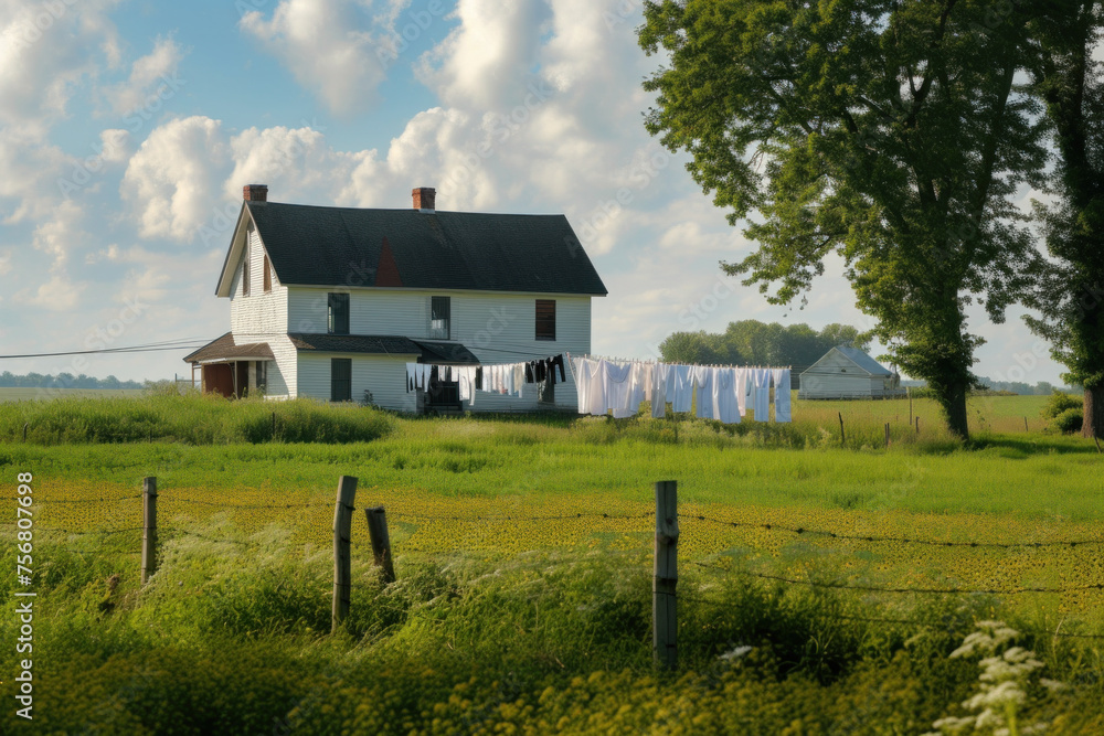 Idyllic Countryside Home with Fresh Laundry Hanging on a Line in Sunny Farmland