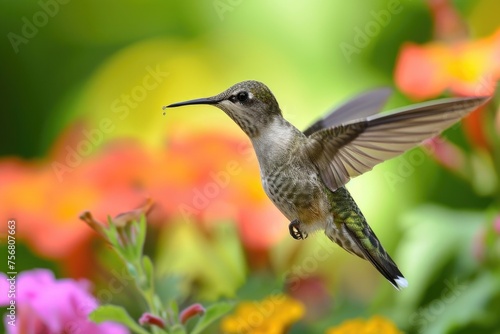 Hummingbird Sipping Nectar From A Flower