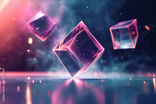 Floating Geometry: Ethereal Cubes Illuminated with Neon Lights in a Dreamlike Haze