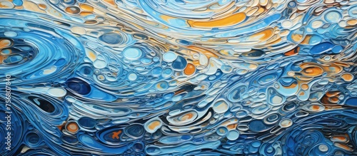 A close up of an art painting of a starry night sky with an azure and electric blue color palette. The visual arts piece depicts a pattern of wind waves and rocks on water