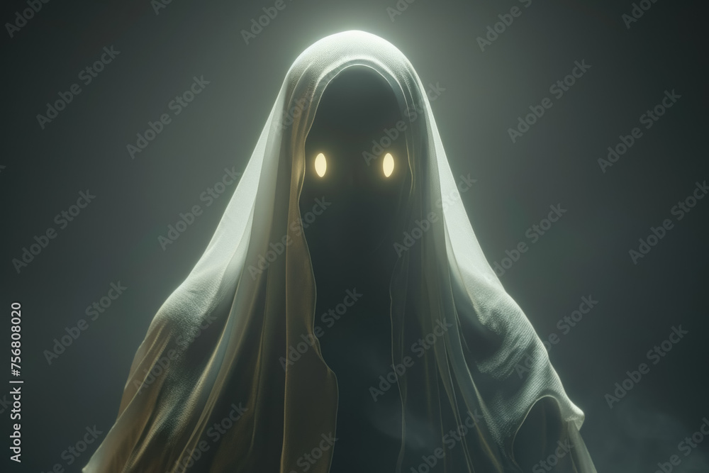 Eerie Spectral Figure Shrouded in Mist with Glowing Eyes in a Mysterious Fog