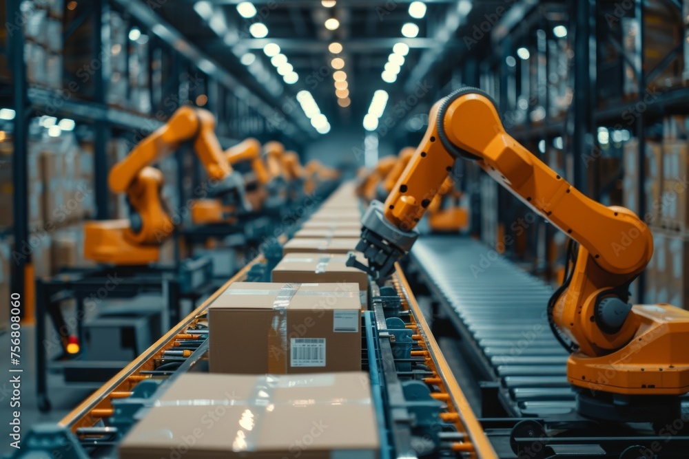Obraz premium Seamless logistics: robots streamlining warehouse processes