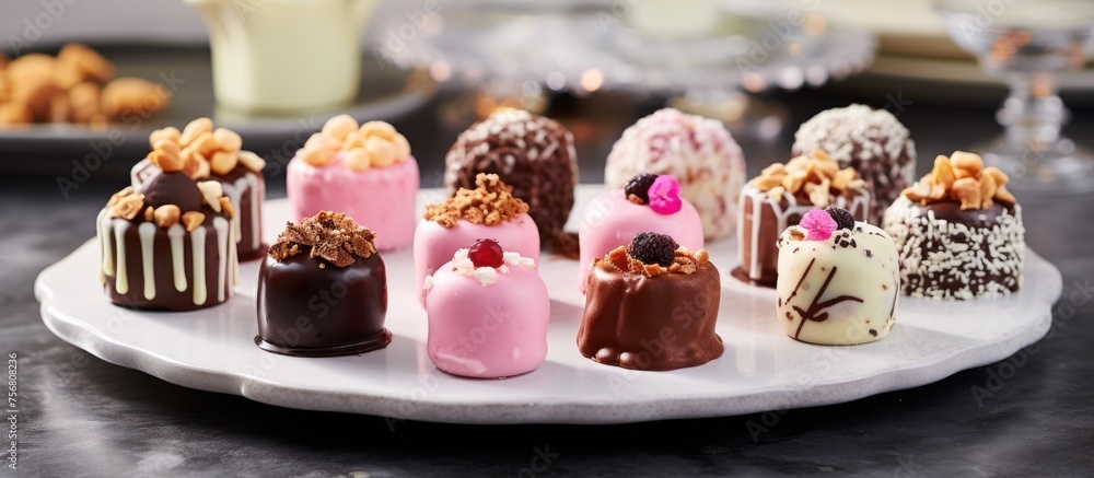 A white plate adorned with a variety of magenta chocolatecovered desserts, perfect for a sweet event or indulgent dessert recipe A white plate adorned with a variety of magenta chocolatecovered desserts, perfect for a sweet event or indulgent dessert recipe