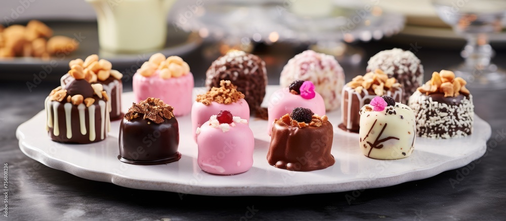 A white plate adorned with a variety of magenta chocolatecovered desserts, perfect for a sweet event or indulgent dessert recipe