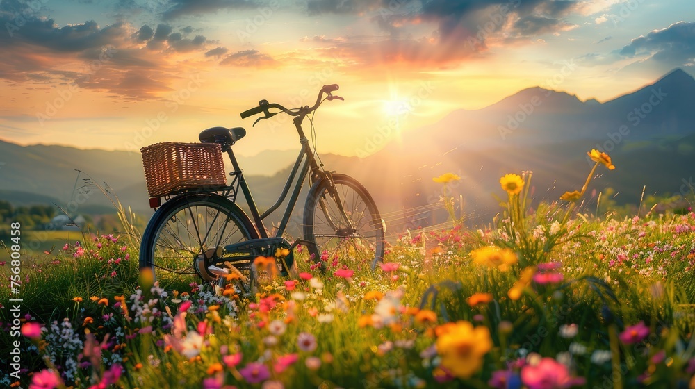 Naklejka premium Bicycle in colorful wildflowers in a green meadow, mountain background, at sunset. Relax with nature