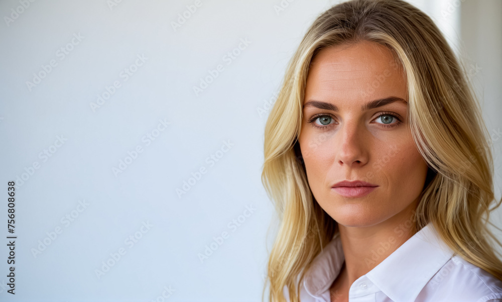 Fototapeta premium Business woman wearing a white shirt and black trousers on a white simple background. Generative AI