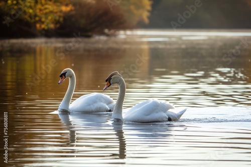 Pair Of Swans Gracefully Gliding On A Lake