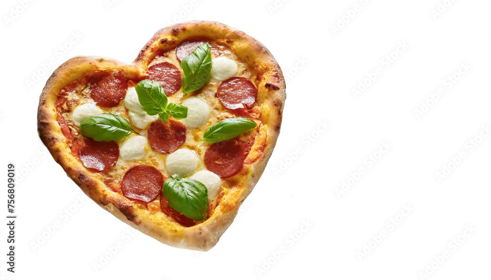 Heart-shaped pizza with melted mozzarella, pepperoni and fresh basil on a white background. Heart-shaped pizza with melted mozzarella, pepperoni and fresh basil on a white background.