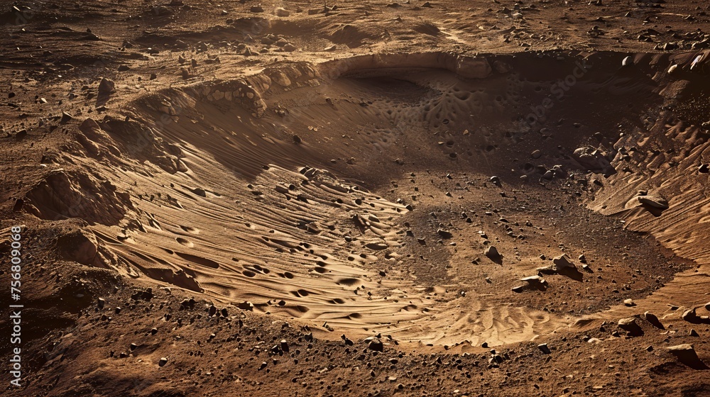 An abstract photo of a meteorite crater on the surface of Mars - obrazy, fototapety, plakaty 