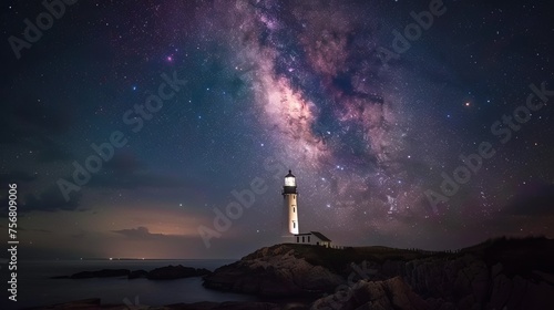 A stunning long-exposure shot of the night sky over a lighthouse on the coast, showcasing the beauty of the cosmos