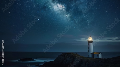 A stunning long-exposure shot of the night sky over a lighthouse on the coast, showcasing the beauty of the cosmos