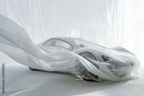 Futuristic Concept Car Design Veiled in Flowing Silk Fabric in a Bright Studio © KirKam