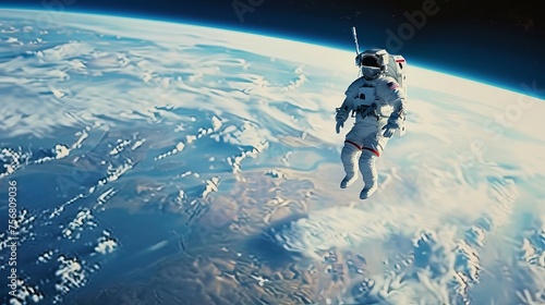 A surreal image of a spacewalk with an astronaut floating above the Earth,