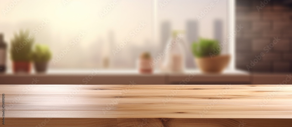 Wooden table with potted plants in flowerpots in front of kitchen counter. The rectangle hardwood table is stained with wood stain and sits on grass flooring