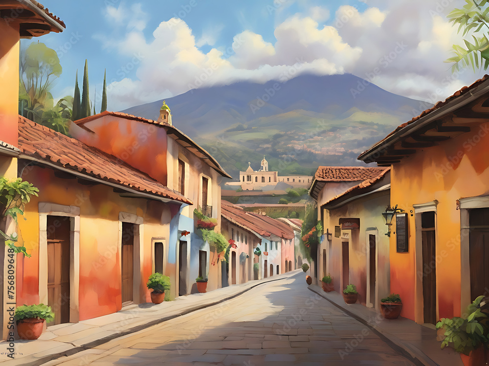 Golden Hour Watercolor Impressionist  art of Antigua Guatemala