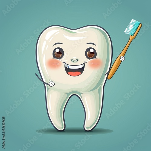 A happy clean tooth with a toothbrush brushing itself.