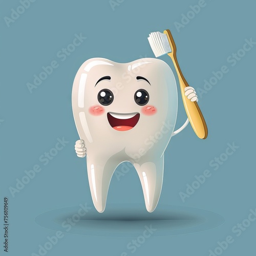 A happy clean tooth with a toothbrush brushing itself.