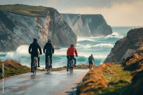 Cyclists and Pedestrian on Coastal Pathway with Dramatic Cliffs and Turbulent Sea in the Background
