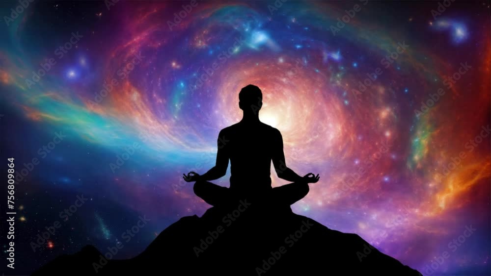 Silhouette of a man meditating on the lotus pose in front of galaxy universe background Silhouette of a man meditating on the lotus pose in front of galaxy universe background