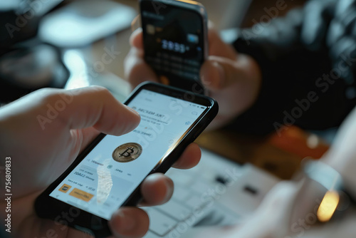Person making a digital Bitcoin transaction on a smartphone with a secure mobile wallet app photo