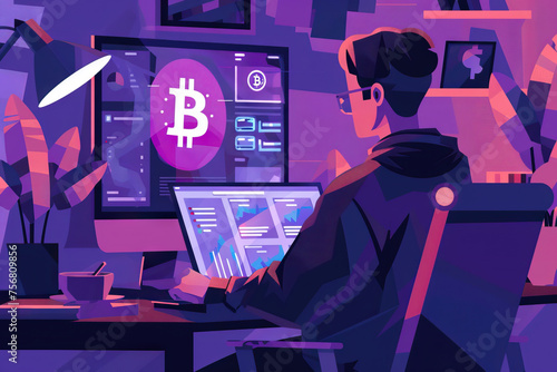 Focused cryptocurrency trader analyzing Bitcoin trends on multiple screens in a dark office

