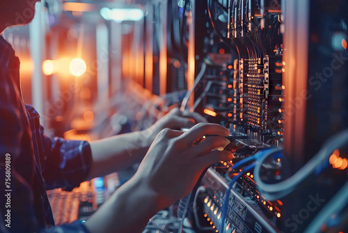 Technician troubleshooting and configuring servers in a modern data center with blue lighting