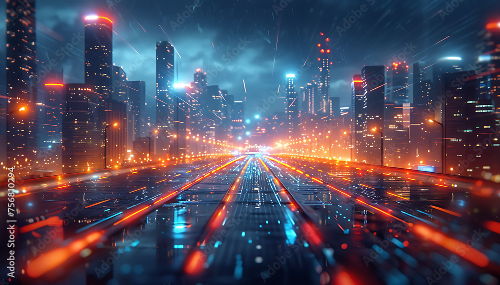 majestic and modern night city views, light speed data transfer interconnected, smart city