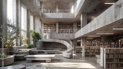 Neo-Brutalist public library with towering concrete shelves and minimalist interiors