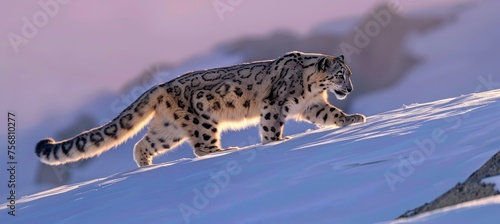 Snow leopard seamlessly blending into the picturesque snowy mountainous landscape