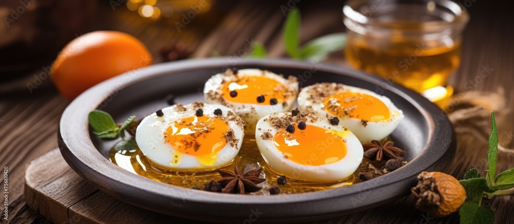 A dish of hard boiled eggs, a staple food, served on a rustic wooden table. The creamy egg yolks and firm whites make for a comforting and simple meal