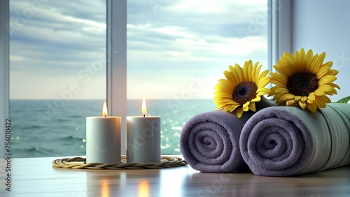 Seaside Spa Concept with Sunflowers, Candles, and Purple Towels 