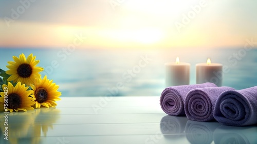 Oceanfront Spa Ambience with Sunflowers, Purple Towels, and Lit Candles at Sunset 