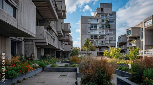 Neo-Brutalist residential complex with stark facades and communal gardens