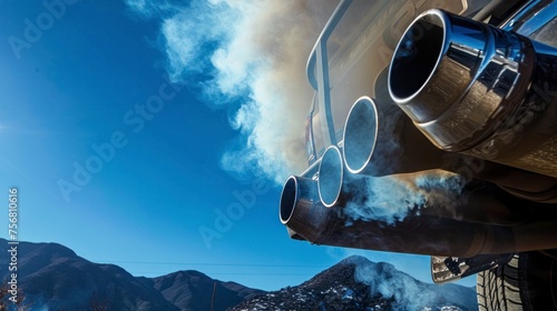 The vintage car's exhaust pipe belched out thick clouds of toxic CO2 fumes, billowing smoke laced with carbon particles into the air.