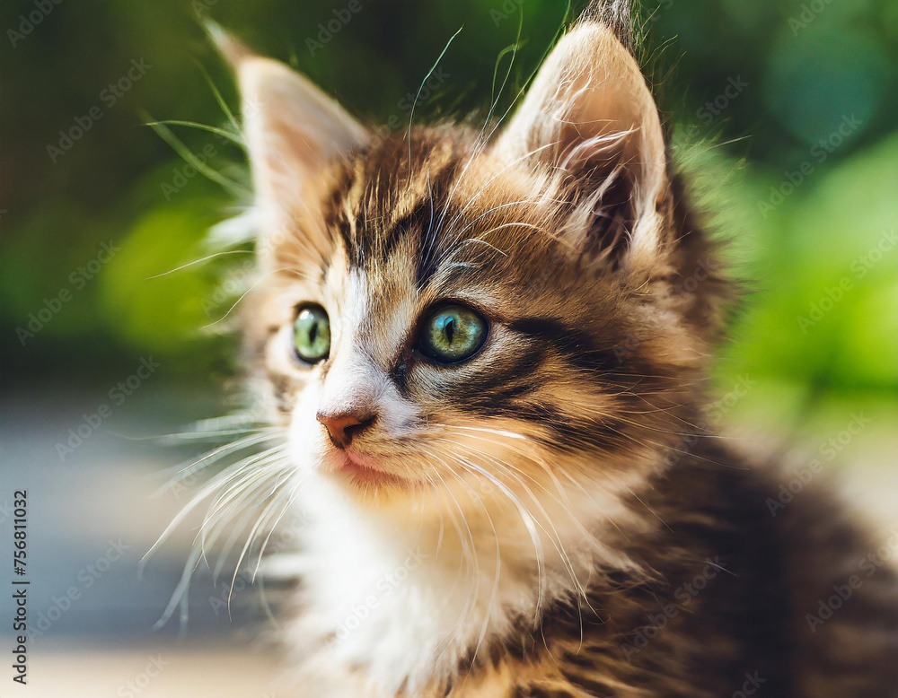 A close-up profile of a cute green-eyed kitten with a black nose and ...