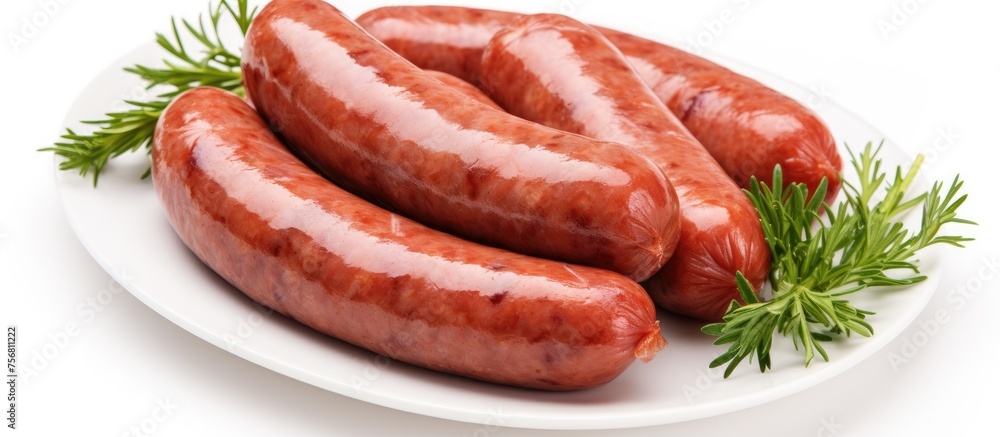 Delicious Food consisting of a white plate topped with three sausages and greens, including an assortment of Knackwurst, Bockwurst, and Italian sausage Delicious Food consisting of a white plate topped with three sausages and greens, including an assortment of Knackwurst, Bockwurst, and Italian sausage