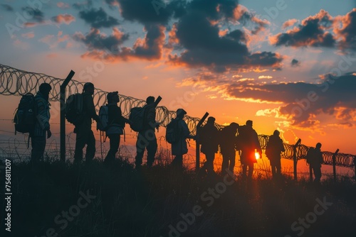 Sunset border silhouette: group of migrants walking along fence with barbed wire.