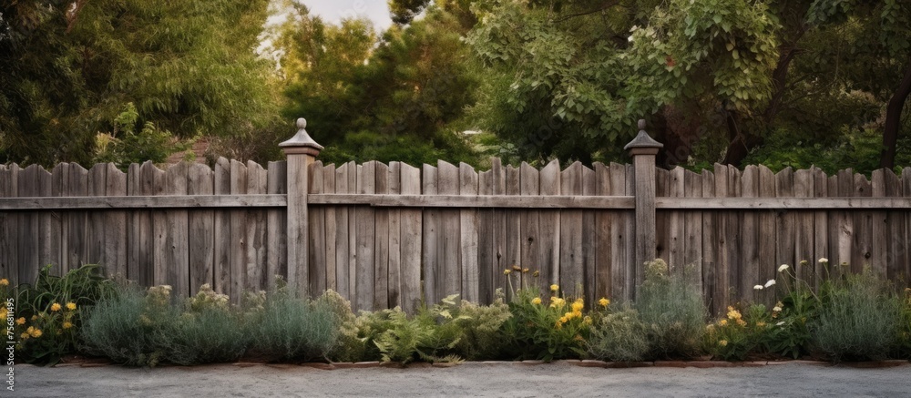 Naklejka premium A picket fence made of wood surrounds a yard filled with trees and bushes. The landscape is enhanced by the lush green grass and creates a peaceful home fencing