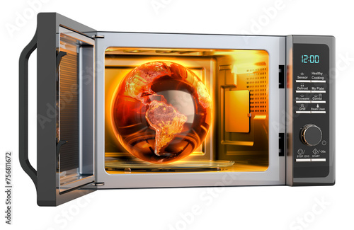 Earth Globe melting in microwave oven. Global warming, concept. 3D rendering isolated on transparent background