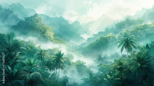 Painting of a jungle landscape. Watercolor pattern wallpaper