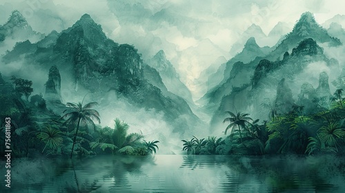 Painting of a jungle landscape. Watercolor pattern wallpaper