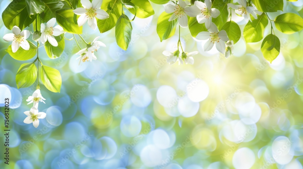 Fototapeta premium Lush greenery and blooming flowers intricate spring plantation abstract background