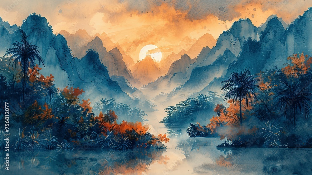 Painting of a jungle landscape. Watercolor pattern wallpaper Painting of a jungle landscape. Watercolor pattern wallpaper